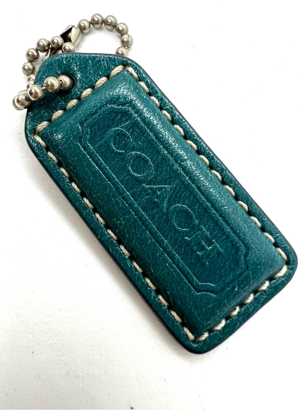 Coach Teal Leather Hangtag Bag Charm Keychain Vintage Style Luggage Tag